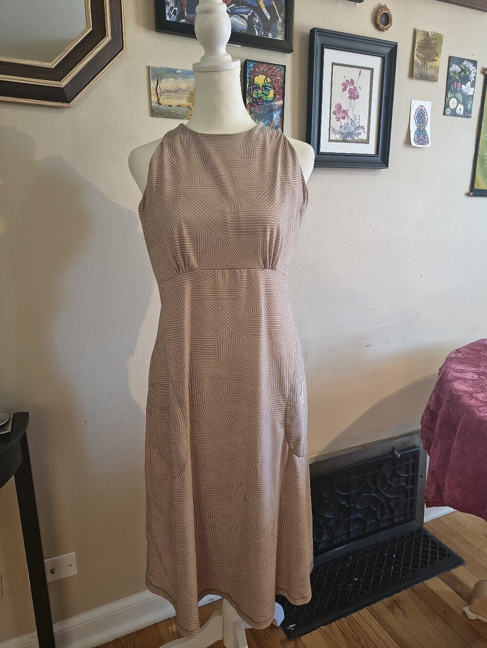 Prana Open Back Sleeveless Taupe Geometric Midi Dress